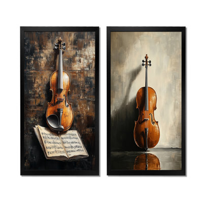Lumière chaude sur les cordes I - Tableau encadré en deux parties représentant un violon