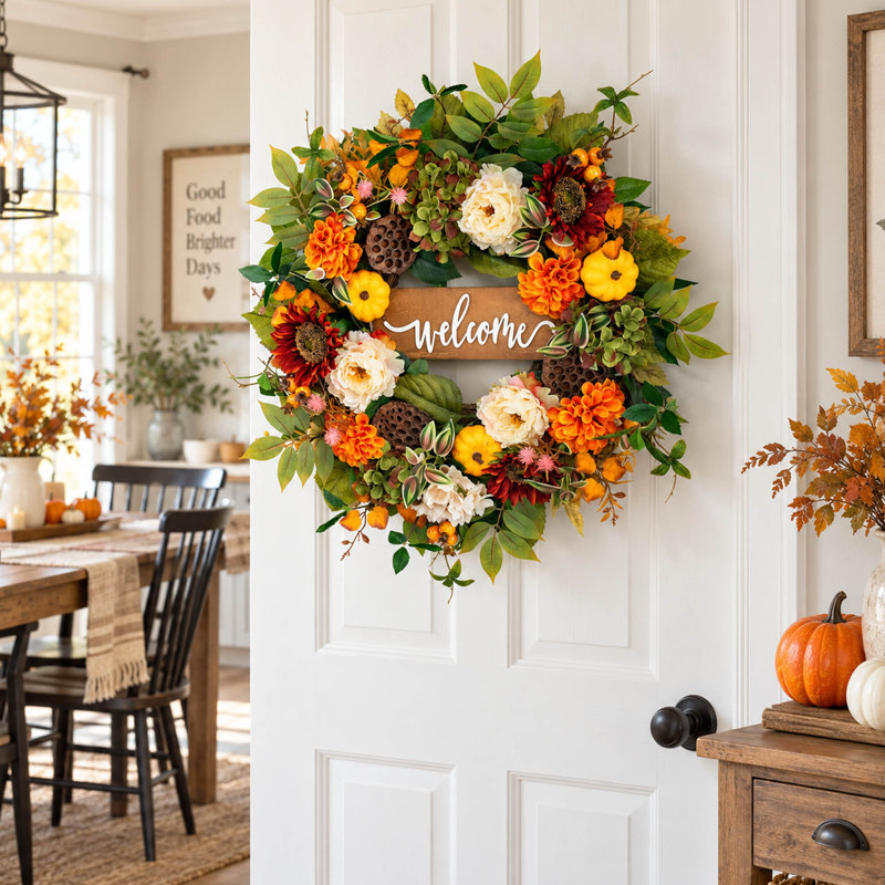 Couronne florale d'automne de 61 cm avec panneau de bienvenue pour porte d'entrée