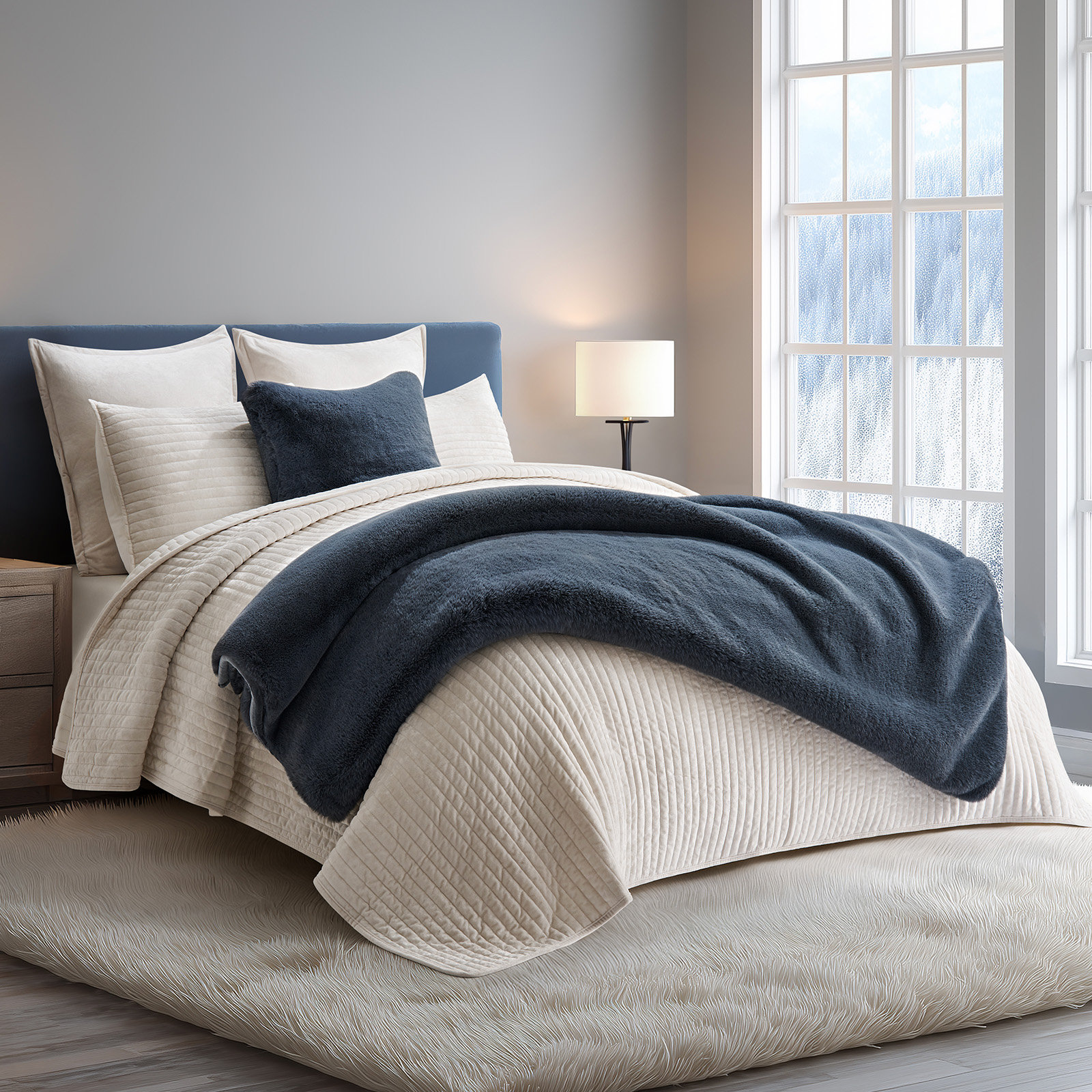 Chinchilla Faux Fur Throw Blanket, 60" L x 50" W, Stormy Blue Mink
