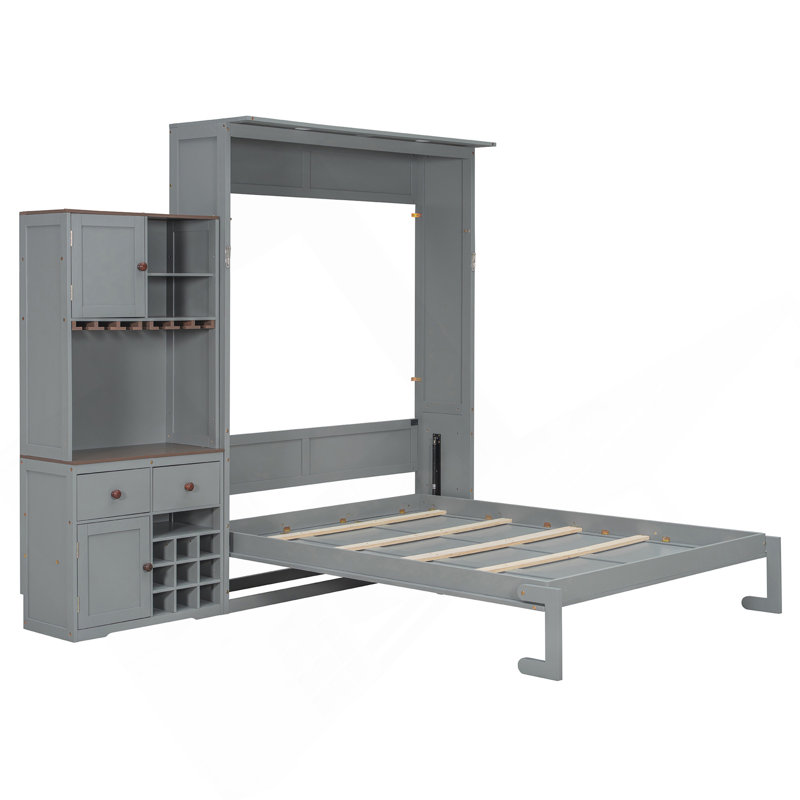Grand lit escamotable avec armoire de rangement, support à vin, porte-verre, tiroirs et bande DEL multicolore, Gris