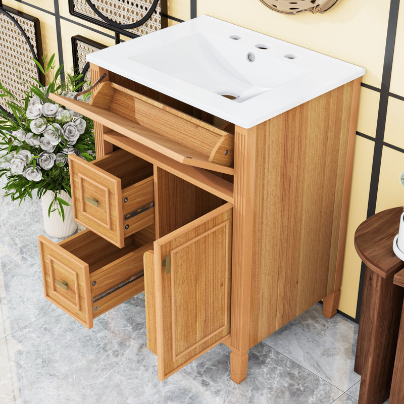 Meuble-lavabo de salle de bain avec lavabo, tiroir rabattable, tablette réglable et lavabo en céramique, Bois