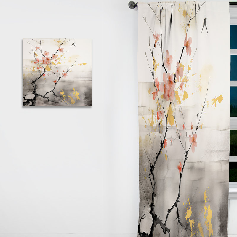 Asian Art Sumi Blossom I - Asian Art Blackout Abstract Curtain - 1 Panel, 52" W x 120" L