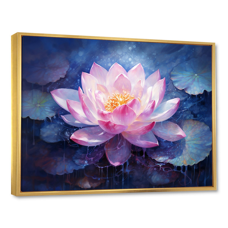 Lotus luminescence sur toile, Cadre flottant doré, H 24 po x l 32 po x P 1 po