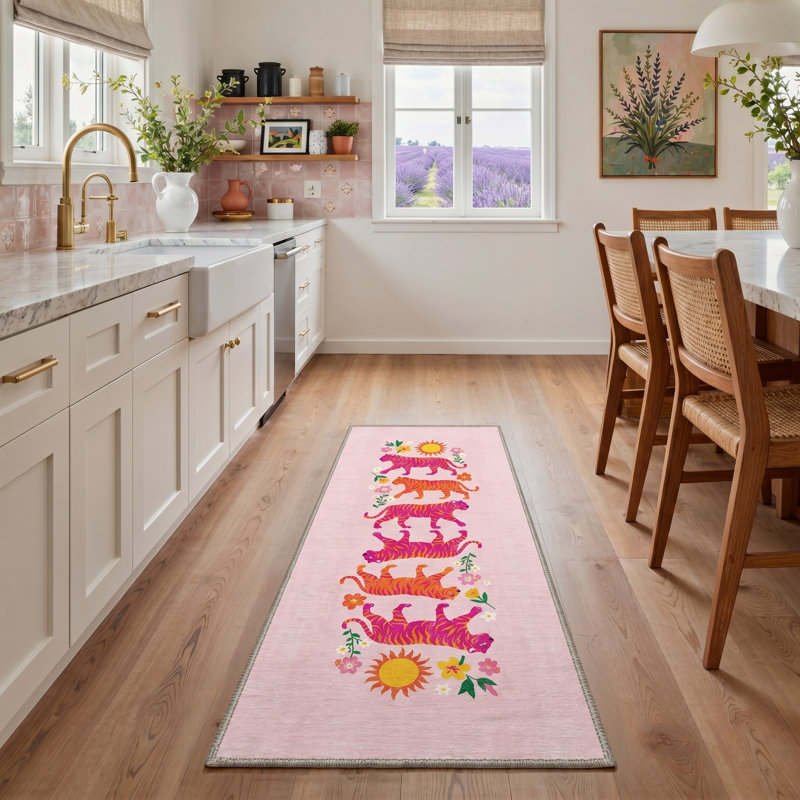 Machine Washable Non Slip Pink Tiger Floral Runner Rug Hallway Runner Carpet, Runner 2' x 7'