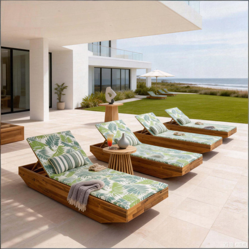 Chaise longue en bois d'acacia avec coussin mince hydrofuge et dossier réglable