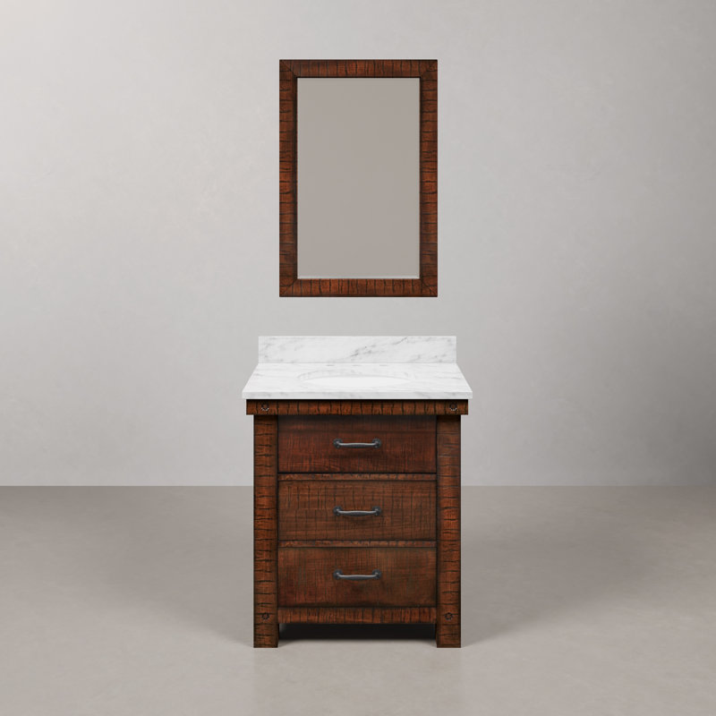 Aberdeen 30 In. Single Sink Blue Limestone Countertop Vanity In Rustic Sienna With Mirror, Carrara White, Rostic Sienna