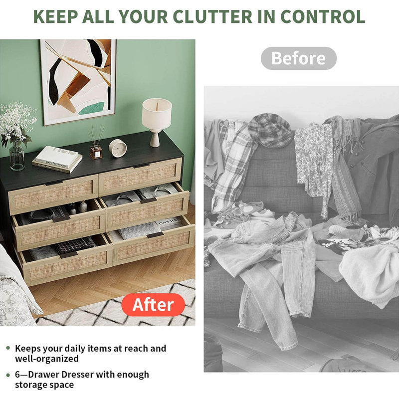 Aimara 51" Rattan 6 Drawer Dresser for Bedroom, Boho Wood Dresser with Gold Handles & Wood Legs