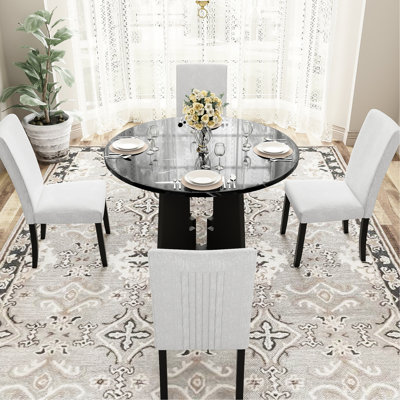Dining Room - Round Shape, Panels, Comfortable Experience Stylish Kitchen Table And Chairs Marble Veneer, Linen Upholstery, Chic