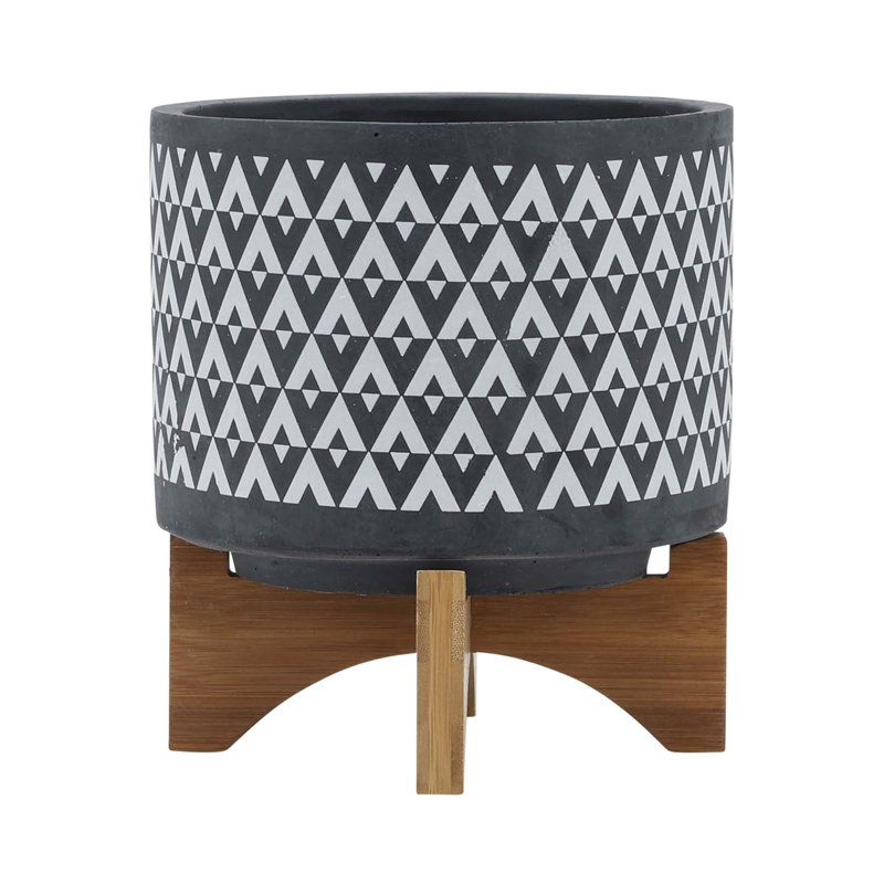 Ceramic 8" Aztec Planter On Wooden Stand, Gray, 9" H x 8" W x 8" D