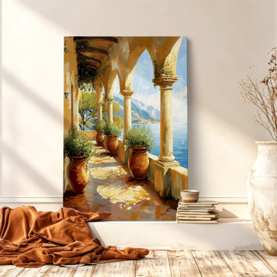 Mediterranean Balcony Ocean Canvas Wall Art - Tuscan Archway Coastal Seascape Print Decor for Dining Room