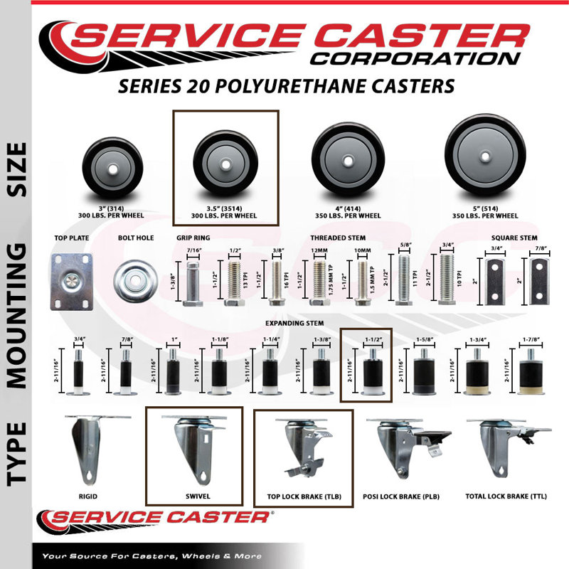 Ensemble de roulettes extensibles 3,5 pouces pivotant sur roues pivotantes 3,5 pouces 1/2 pouces SCC, Noir
