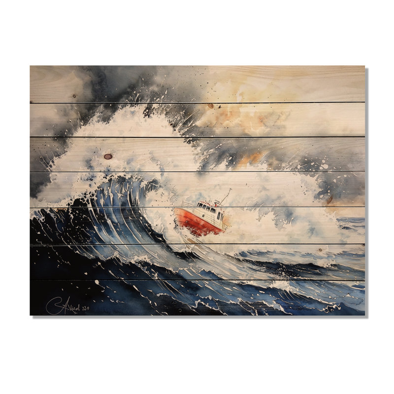 Fishing Boat Stormy Weather I - Modern Wooden Wall Art On Natural Pine Wood, 10" H x 20" W