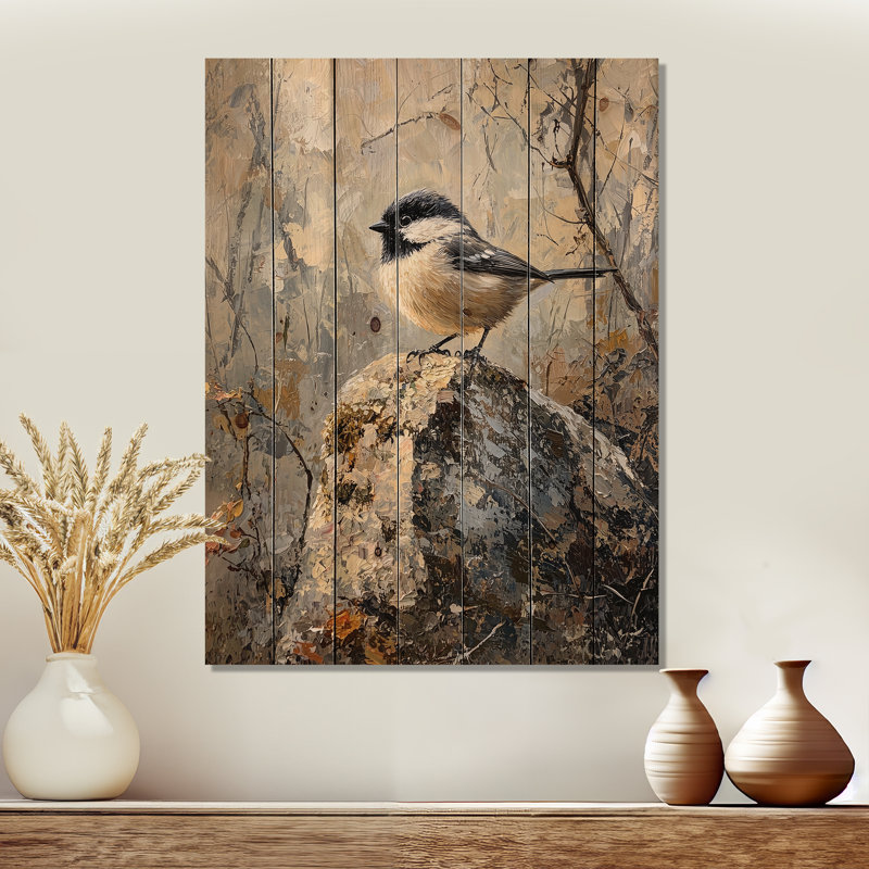 Mésange sur une pomme de pin - Décoration murale oiseau en bois - Bois de pin naturel, H 44 po x l 34 po x P 0,78 po