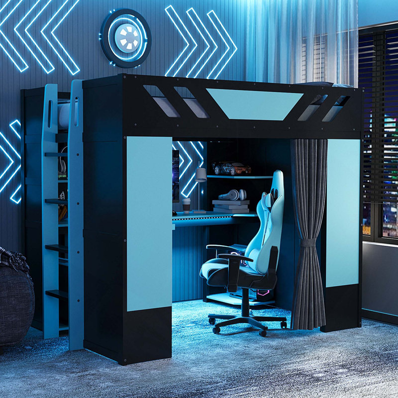 Lit mezzanine double en bois avec tablettes, rideaux occultants et lumières RVB, Noir / Bleu