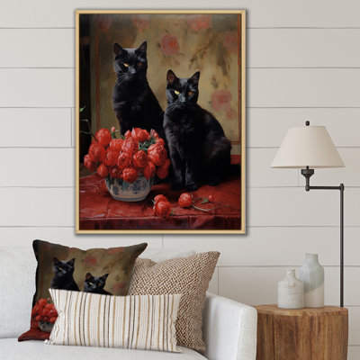 Deux chats noirs avec roses rouges, reproduction d'art sur toile I