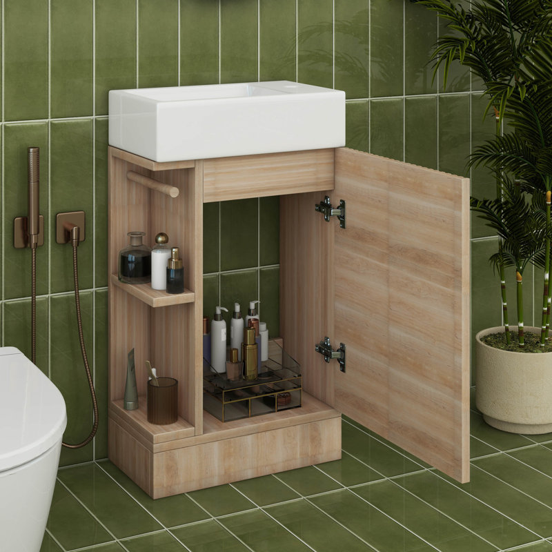 18.6" Small Bathroom Vanity With Sink, Bathroom Cabinet With Two-Tier Shelf, Toilet Paper Holder And Soft Closing Doorc