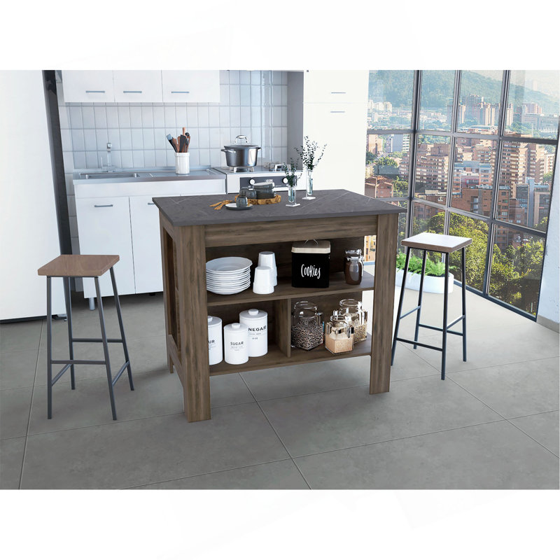 Îlot de cuisine, table de cuisine H 35 po, quatre pieds, trois tablettes de rangement ouvertes, Brun