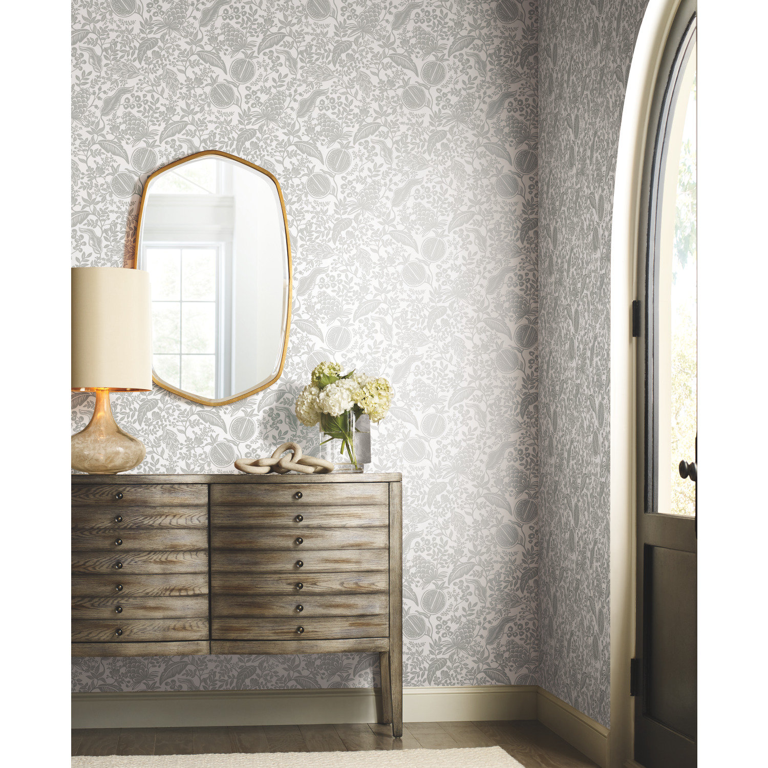 Pomegranate Wallpaper Double Roll, White/Metallic Silver