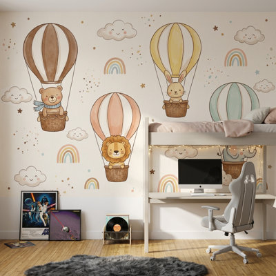 Nursery Wallpaper Hot Air Balloons Cute Animals Removable Wall Decor