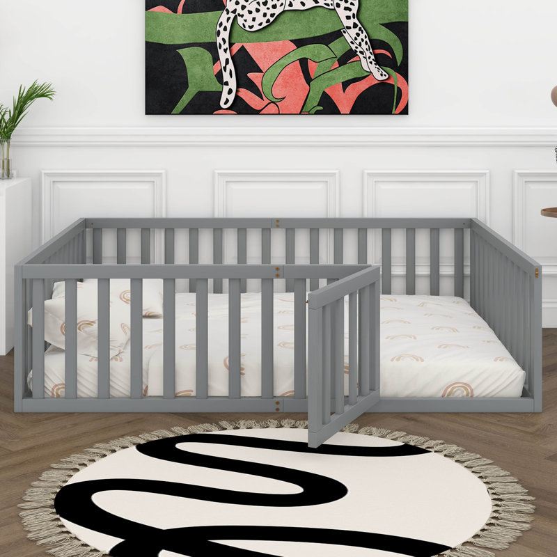 Full Size Platform Bed With Fence, Solid Wood Floor Bed Frame With Door, Elegant Design Daybed Frame, Gray