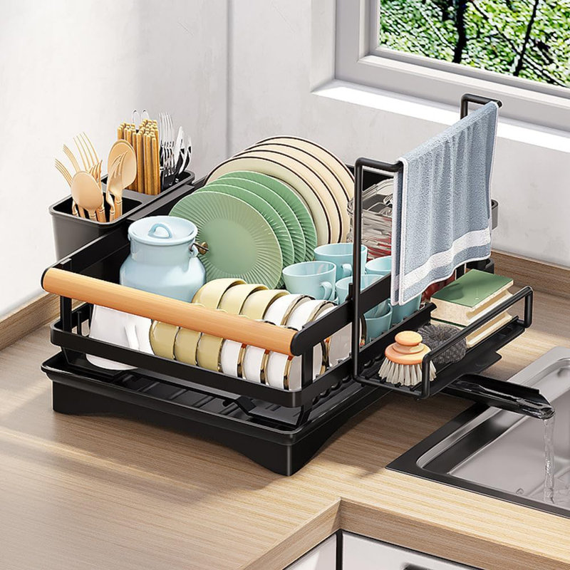 Stainless Steel Dish Drying Rack For Kitchen Counter With Swivel Spout, Removable Drip Tray And Utensil Holder - Quick Drainage And Space-Saving Design