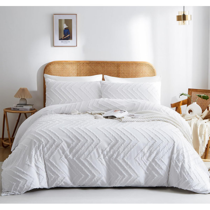 Embroidery Shabby Chic Duvet Cover Set Wave Pattern Microfiber Boho Comforter Cover Set, White