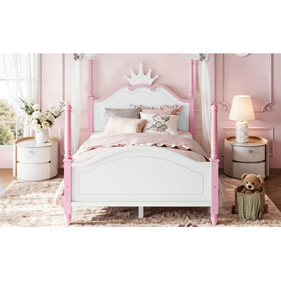 Lit plateforme pleine grandeur en forme de couronne, cadre de lit élégant en bois à baldaquin, cadre de lit tête de lit courbé élégant pour la chambre à coucher, blanc et rose