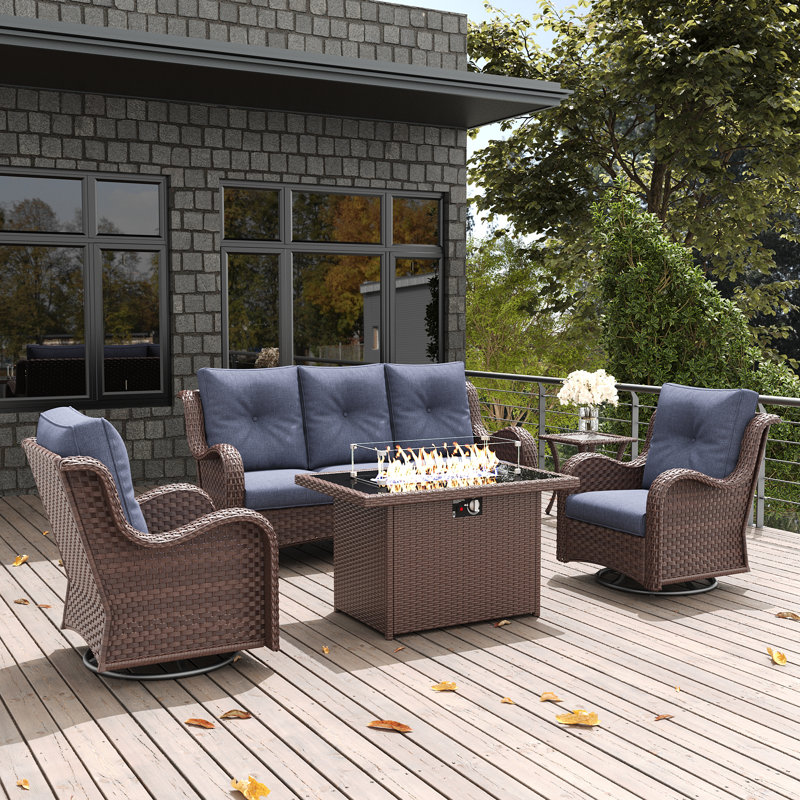  5 Pieces Outdoor Patio Furniture Set With Fire Pit Table, Rattan Wicker Sectional Swivel Rocker Chairs Sets With Swivel Glider Chair And Coffee Table