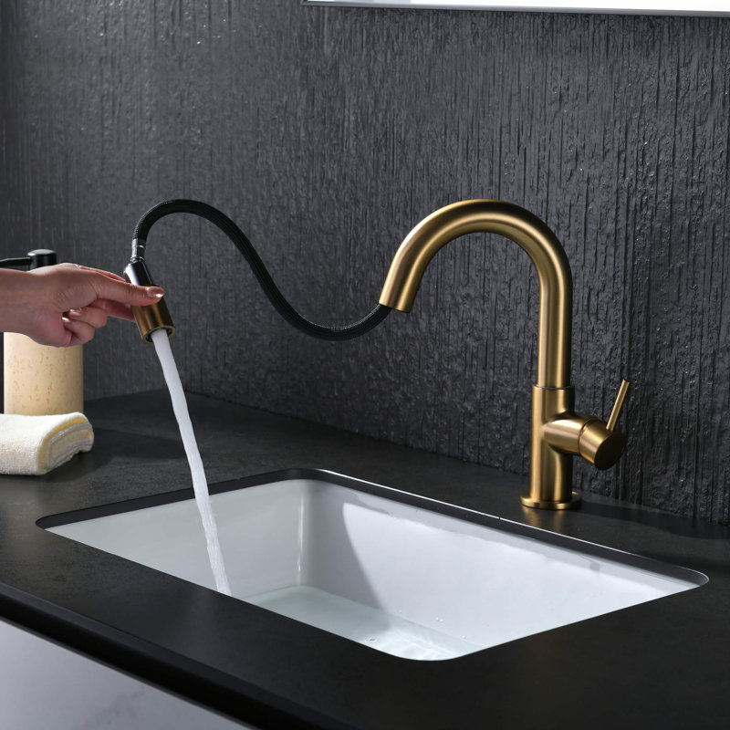 Circular Single Handle High-Arc Pull Down Sprayer Bathroom Vanity Sink Faucet, Brushed Brass