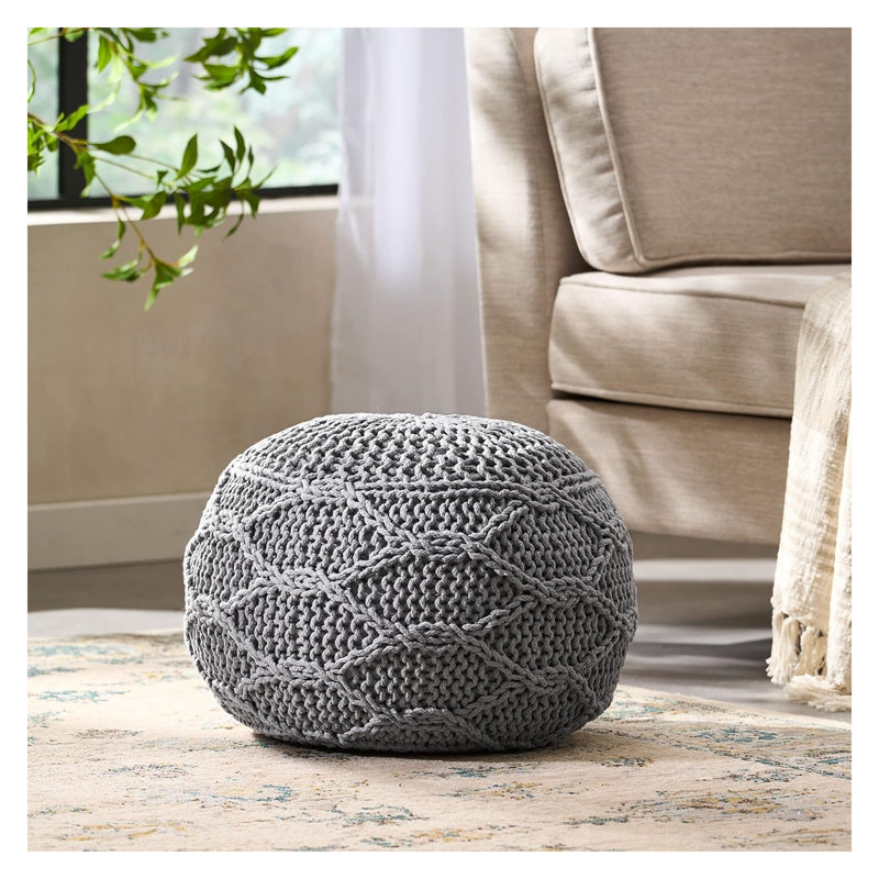 Grey Cotton Pouf Ottoman with Modern Geometric Design, 20-Inch Cube Footrest