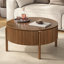 Table basse moderne en noyer de style campagnard, table basse ronde à plateau relevable avec compartiment de rangement dissimulé, table d'appoint centrale circulaire en bois massif cannelé pour les espaces de salon