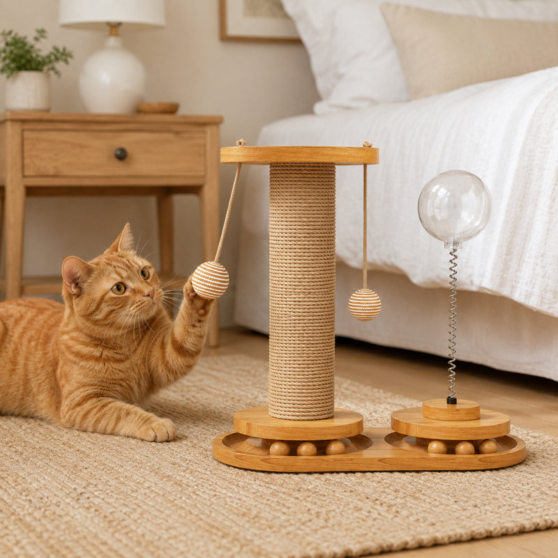 Tour à jouets pour chat en bois avec poteau à griffer en sisal, boule de jeu rotative et jouets à ressort, centre d'activités pour chats d'intérieur multifonctionnel