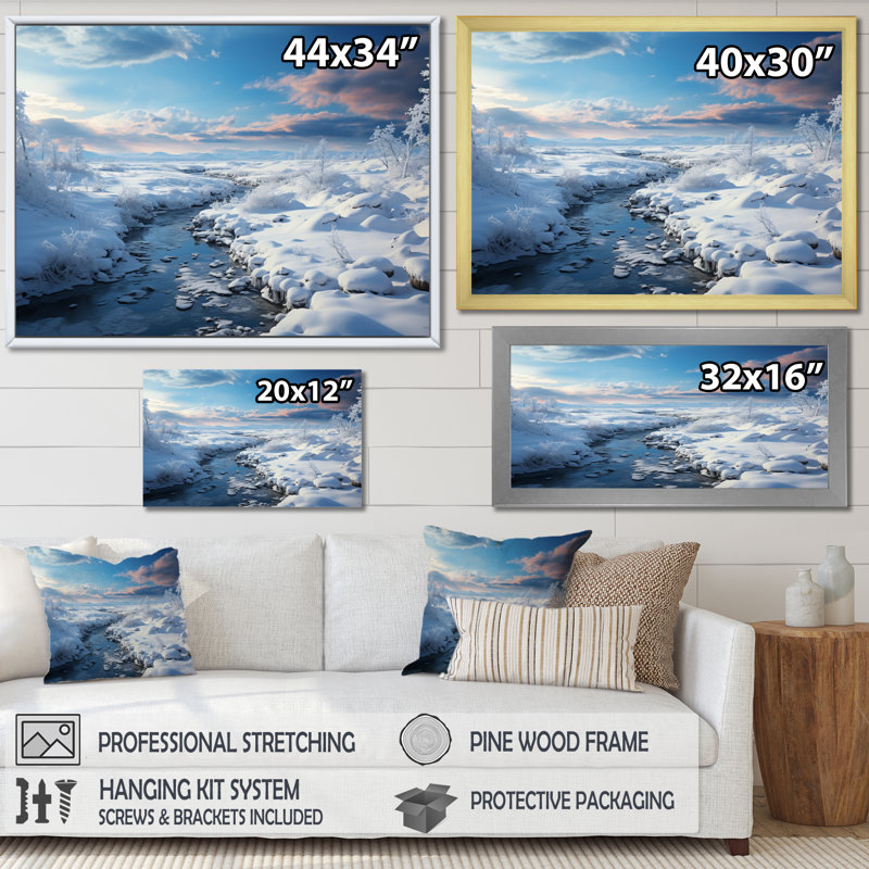Paysage d'hiver enneigé à l'horizon II, H 12 po x l 20 po x P 1 po, Cadre naturel flottant