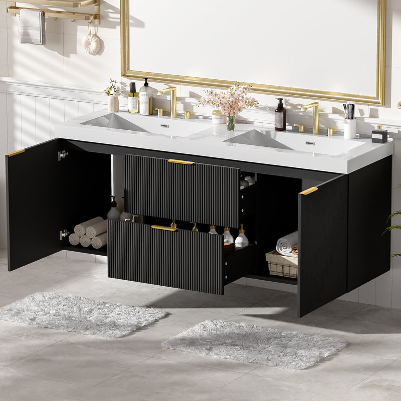 Ensemble de meuble-lavabo mural moderne 59 po avec tiroirs divisés, lavabo SMC et rangement hybride 59 po, Noir