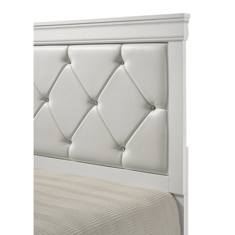 Lit moderne à panneau simple avec tête de lit tapissier, détails en losange, finition blanche et bois, Lit simple