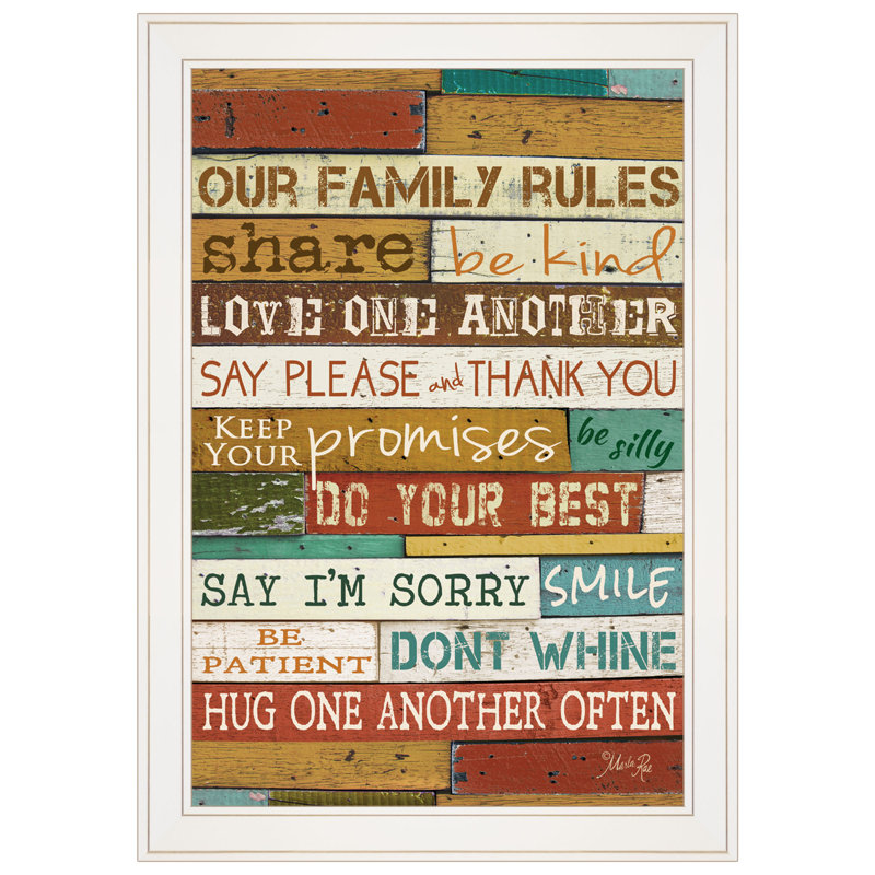 Reproduction d’art textuel sur papier encadrée "Our Family rules" par Marla Rae, Cadre blanc