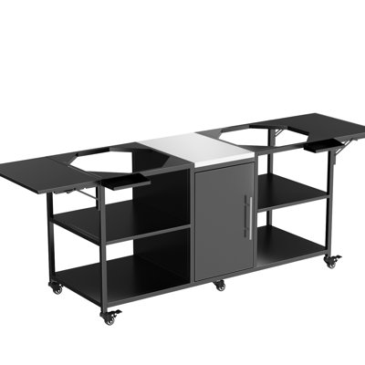 Chariot de barbecue extérieur pour plusieurs gros œufs et table en métal de 18 po avec comptoir en acier inoxydable, argent noir, 108,76 lb, 35,55 po de hauteur, 26,52 po de largeur, 98,91 po de profondeur, 6 360 roues, 4 verrouillables,