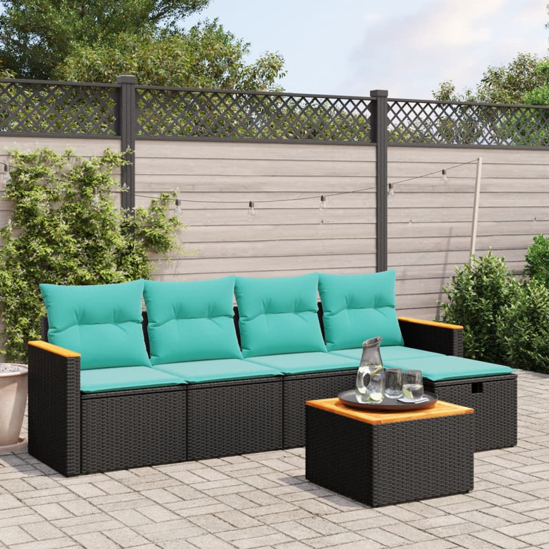 Ensemble de canapé de patio 6 pièces avec coussins en rotin de polyester, Bleu clair, Noir