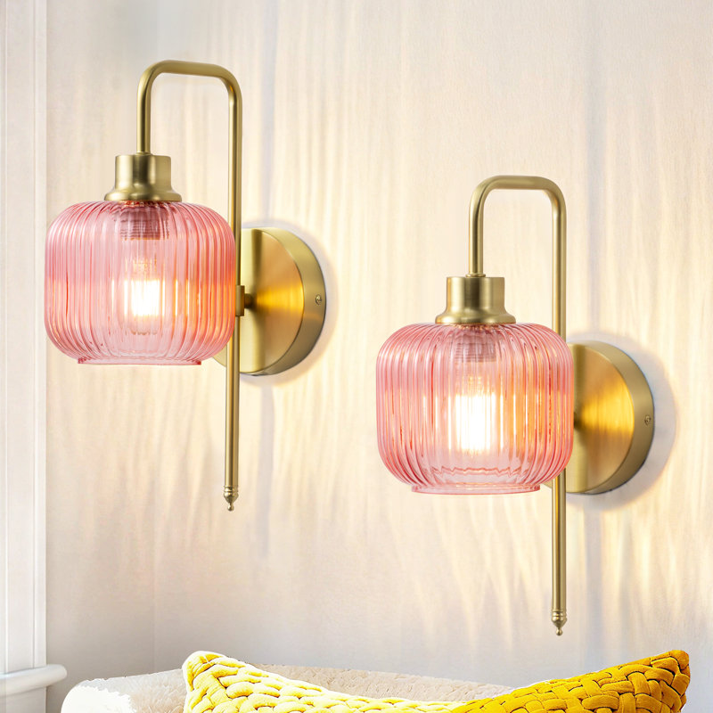 Plug-In/Hardwired Armed Sconce Iron Wall Sconces With Bulb, Pink