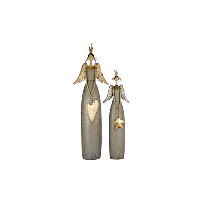  Set of Two Gold & Grey Christmas Angels Holding Heart & Star – Holiday Decor