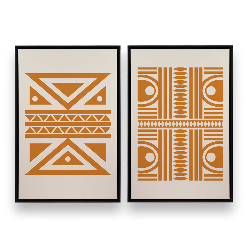 Ensemble de 2 motifs tribaux modernes en orange, Cadre flottant noir satiné, H 19 po x l 26 po