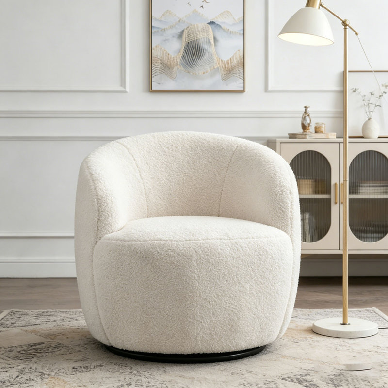 Swivel Accent Armchair Barrel Chair With Black Powder Coating Metal Ring, Ivory White Teddy