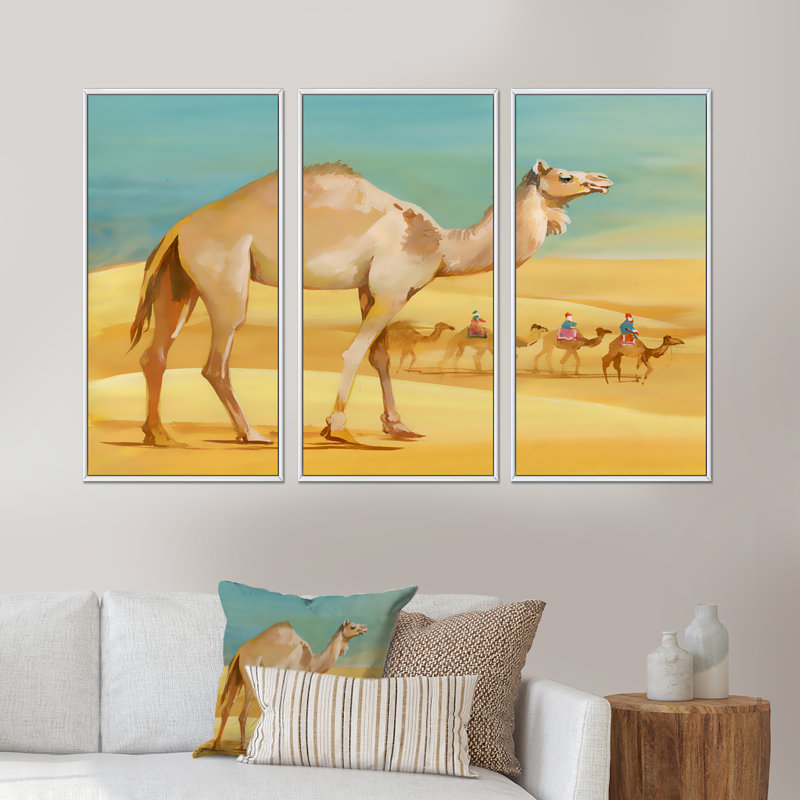 Camels in Desert - 3 pièces, reproduction sur cadre flottant sur toile, H 32 po x l 48 po x P 1 po, Cadre blanc