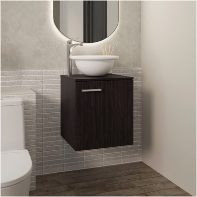 Meuble-lavabo flottant à une porte Clyde, avec lavabo vasque et une tablette