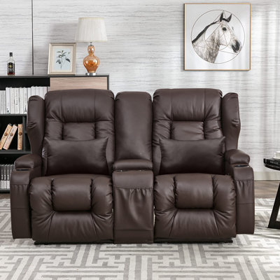 Faux Leather Reclining Loveseat With Console Upholstered Manual Reclining Sofa by Lark Manor