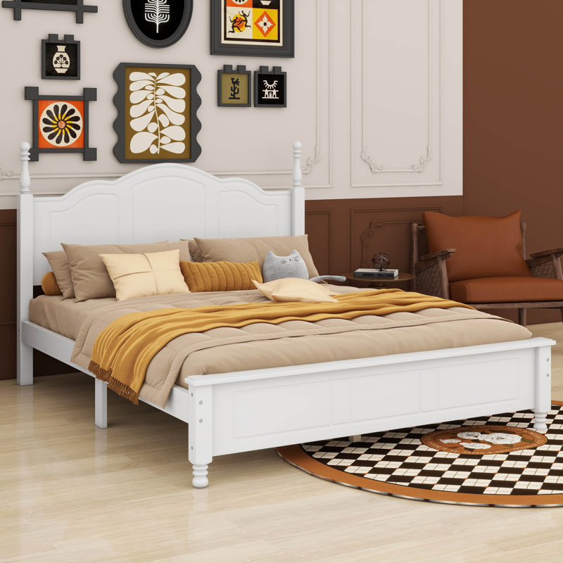 Carmena Retro Style Platform Bed, White, Queen