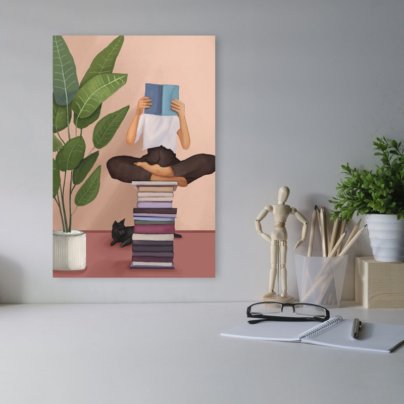 Cozy Reading Moment Peaceful Serene Contemporary Cat Plant Architecture Wall Art Print 1 Piece Wrapped Canvas Wall Art