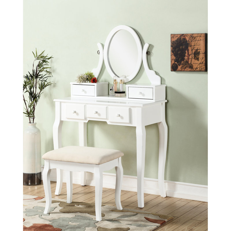 Wood Make-up Vanity Desk And Stool, White - 5 Drawer Storage & Adjustable Oval Mirror For Beauty Care Table Stool By Swivel Drawers Makeup