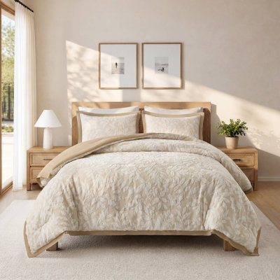 Harbor House Solace Leaf Beige Cotton Blend 3-piece Queen Cotton Blend Botanical Jacquard Comforter Set