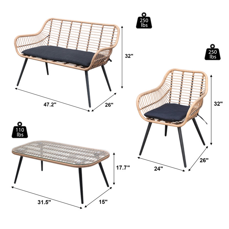 4 - Person Patio Conversation Set with Cushions, Black